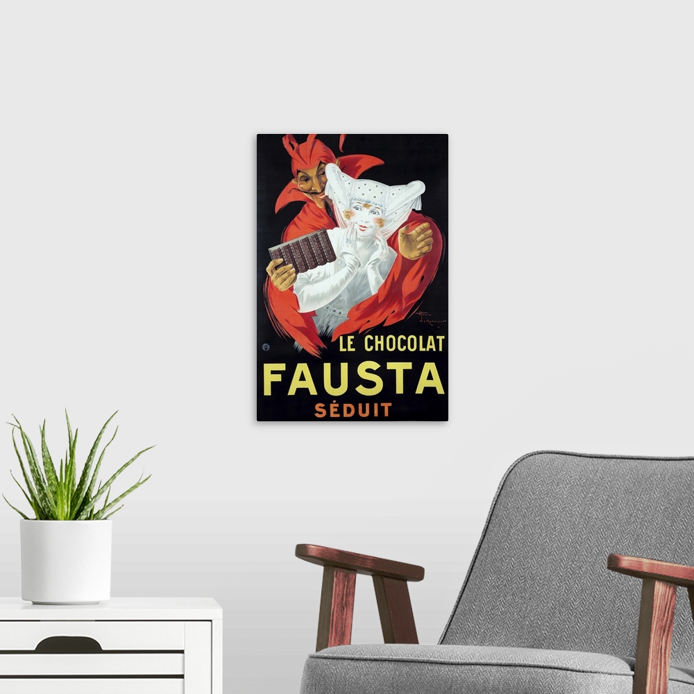 A modern room featuring Vintage poster advertisement for Le Chocolat Fausta.