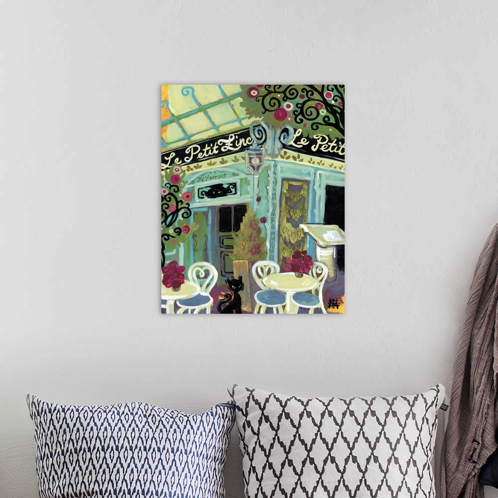 A bohemian room featuring Painting of a black cat in a courtyard among French cafes.