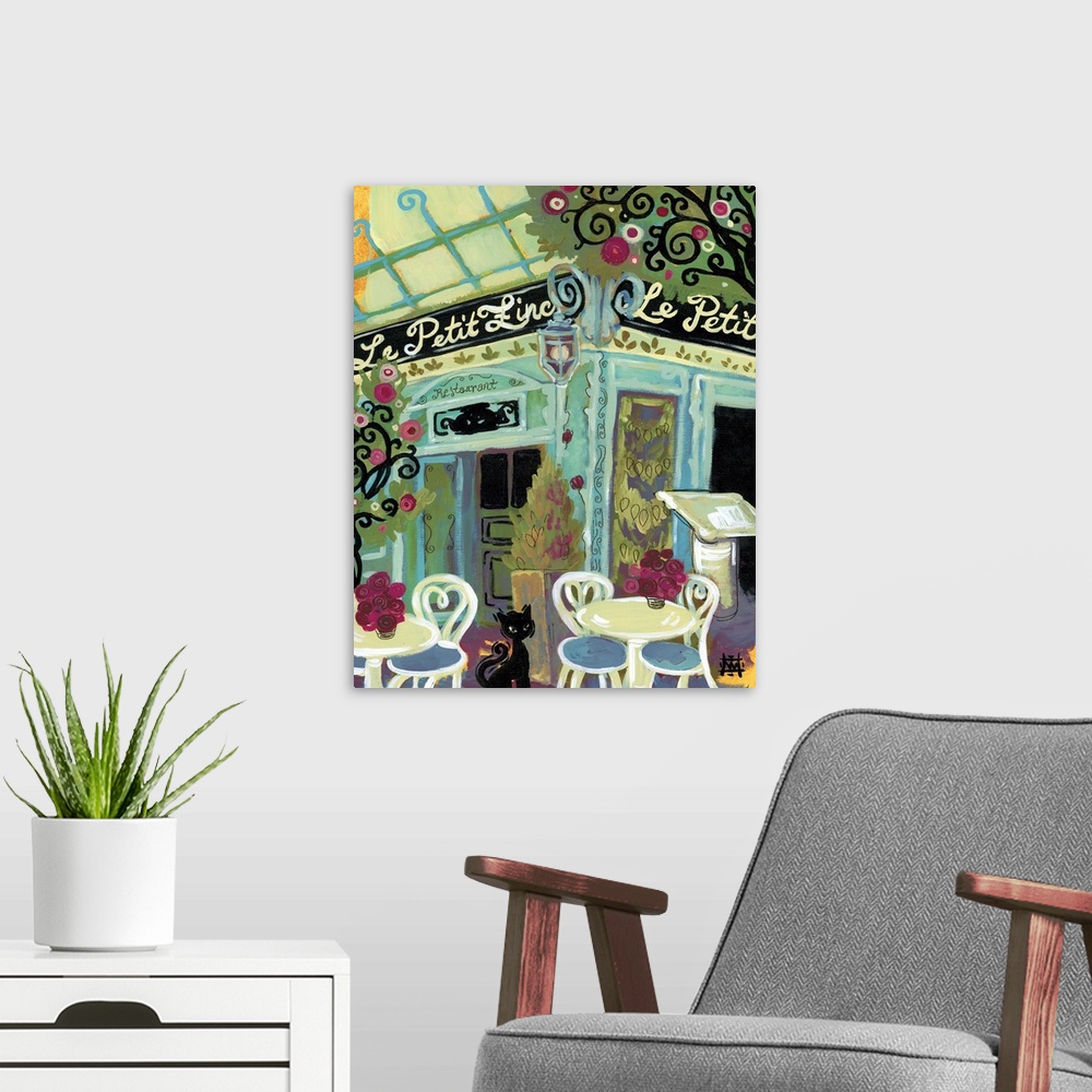 A modern room featuring Painting of a black cat in a courtyard among French cafes.