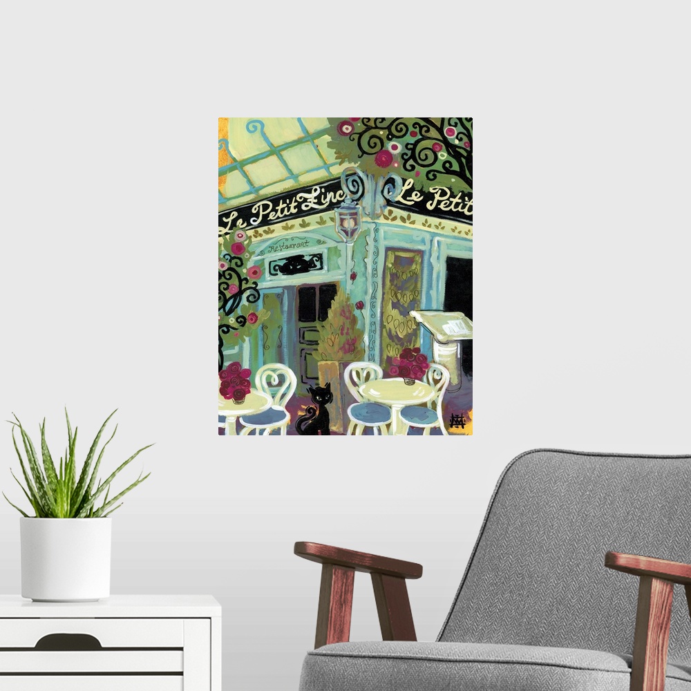 A modern room featuring Painting of a black cat in a courtyard among French cafes.