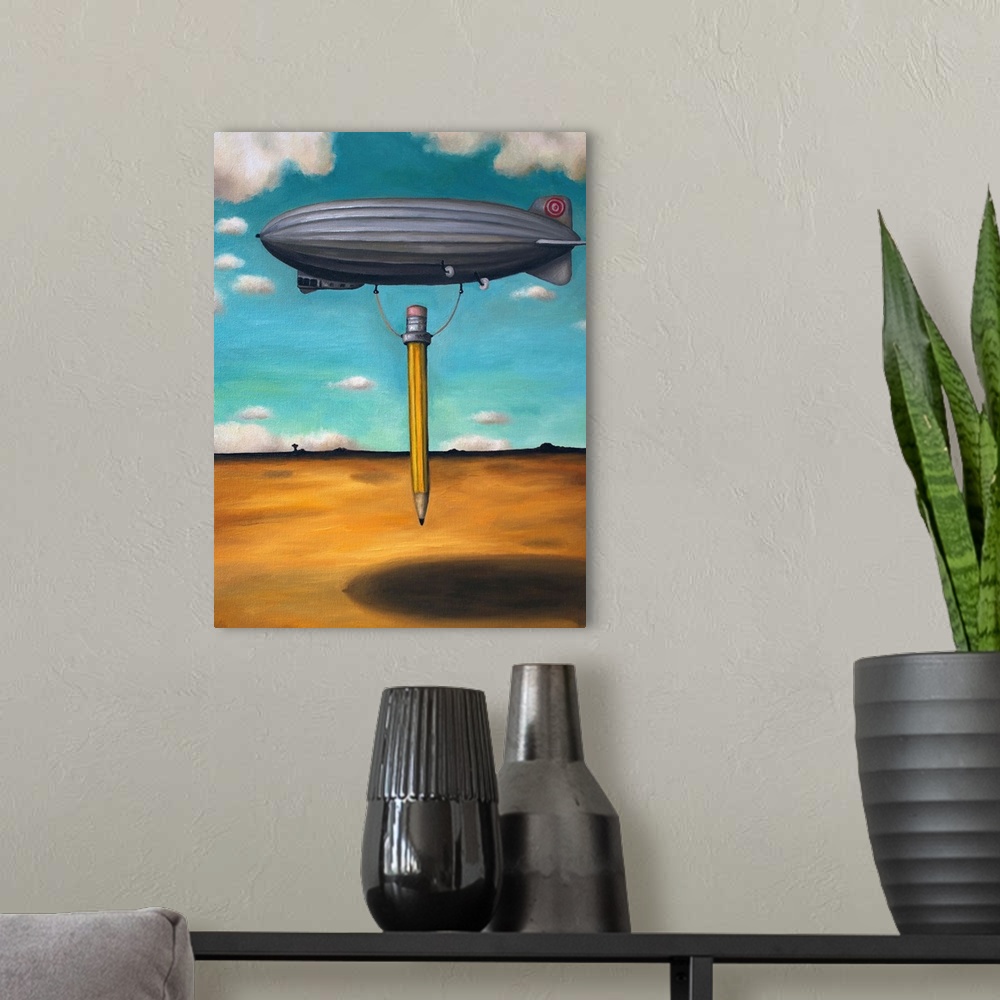 A modern room featuring Surrealist painting of a zeppelin carrying a pencil above an arid desert landscape.