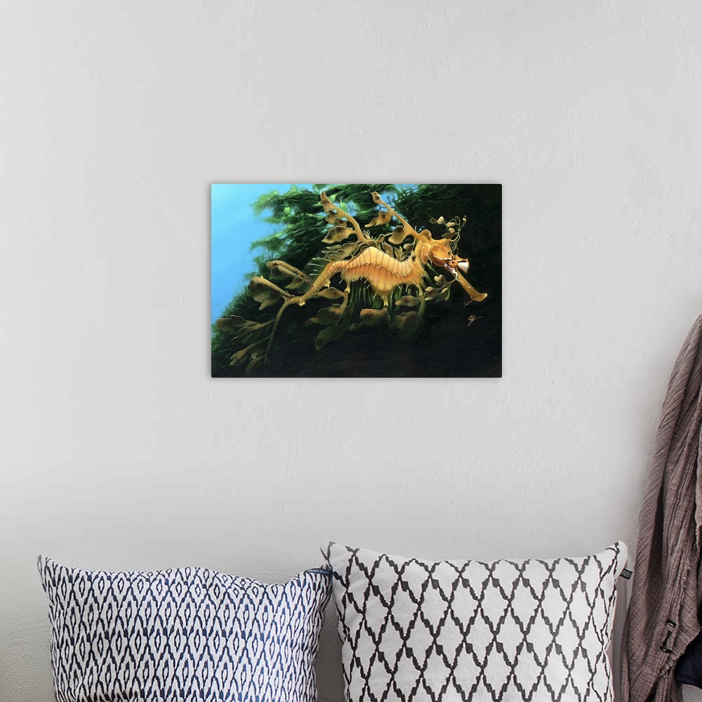 A bohemian room featuring Contemporary painting of a seahorse resembling its environment swimming underwater.