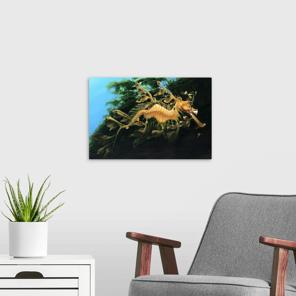A modern room featuring Contemporary painting of a seahorse resembling its environment swimming underwater.
