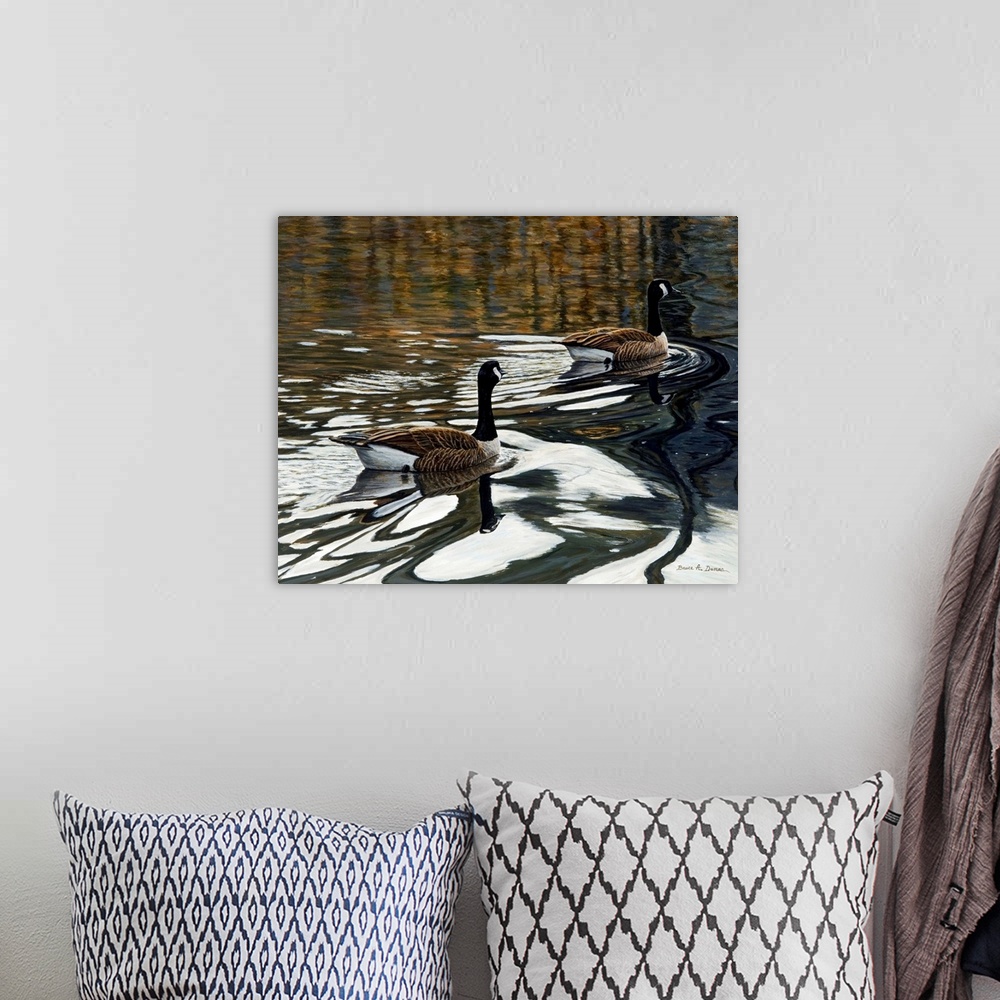 A bohemian room featuring Contemporary artwork of geese swimming in a pond.