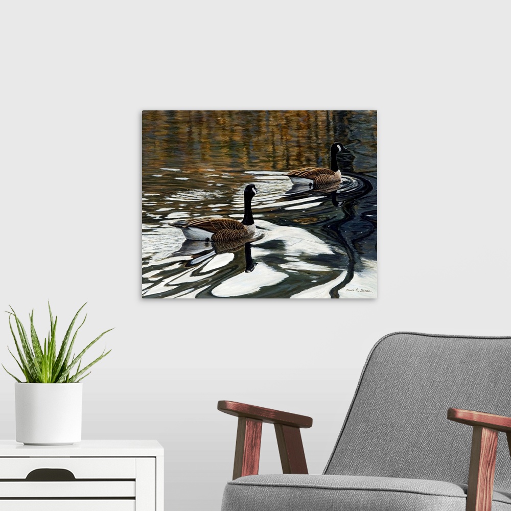 A modern room featuring Contemporary artwork of geese swimming in a pond.
