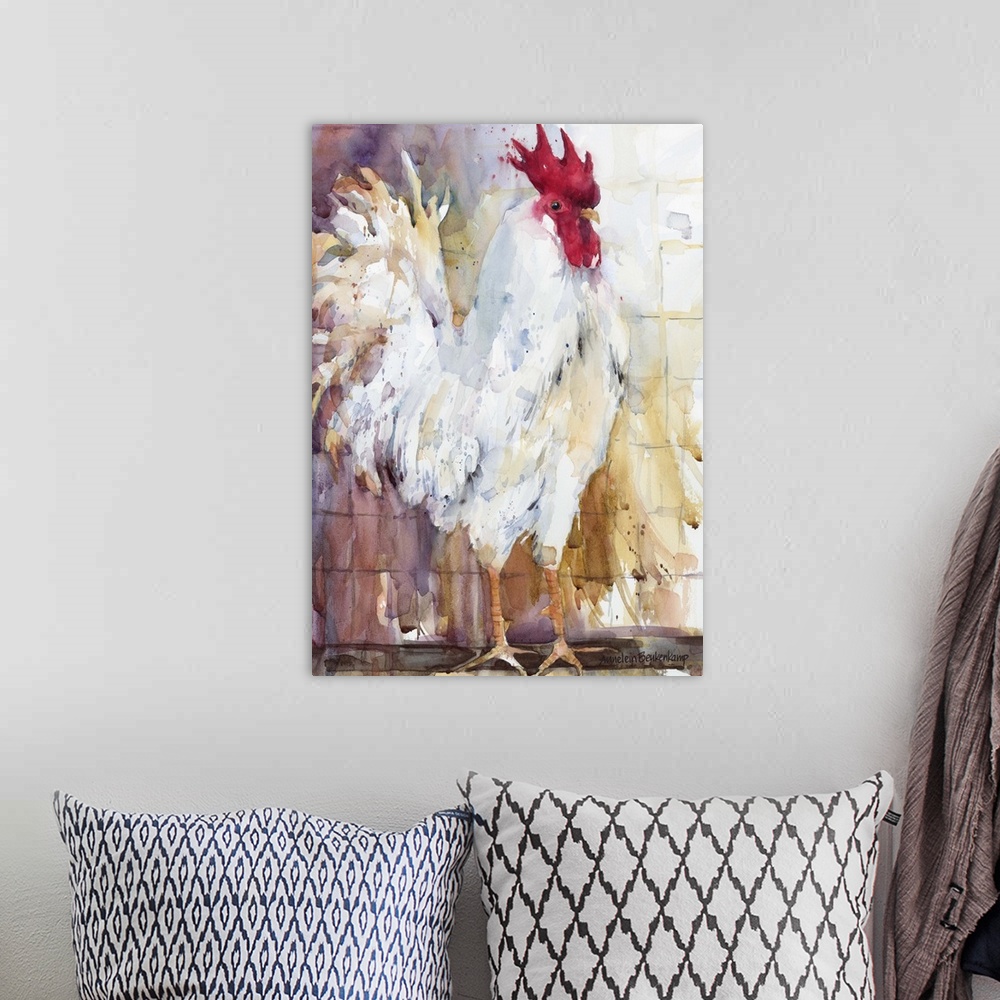 A bohemian room featuring Contemporary watercolor painting of a rooster.