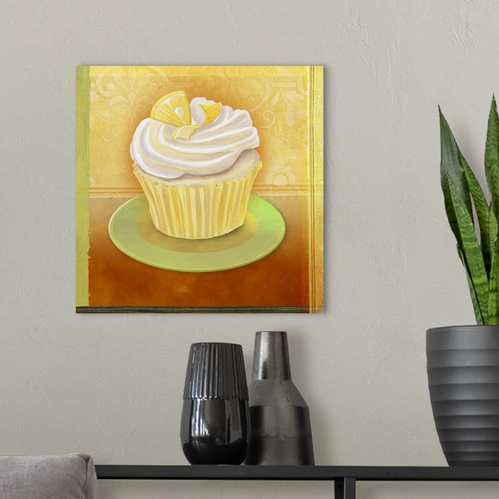 A modern room featuring Single cupcake in a frame.