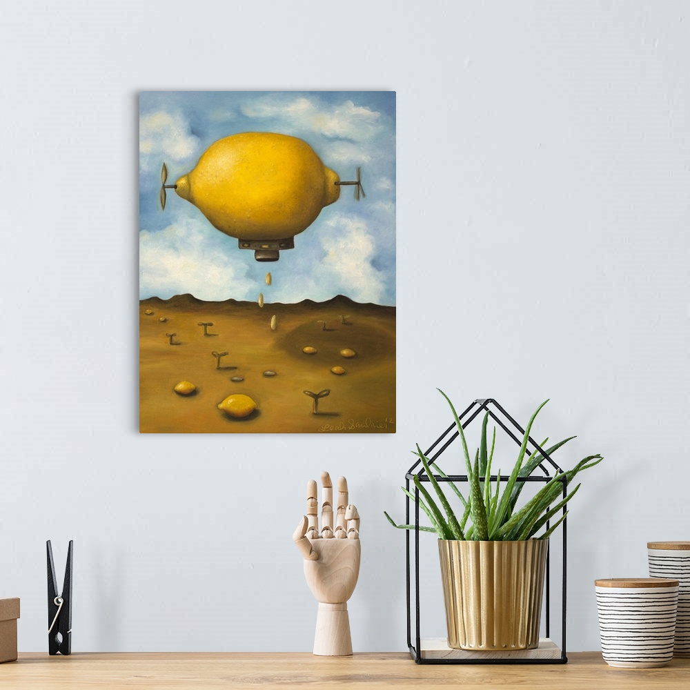 A bohemian room featuring Surrealist painting of a lemon zeppelin above a desert landscape.