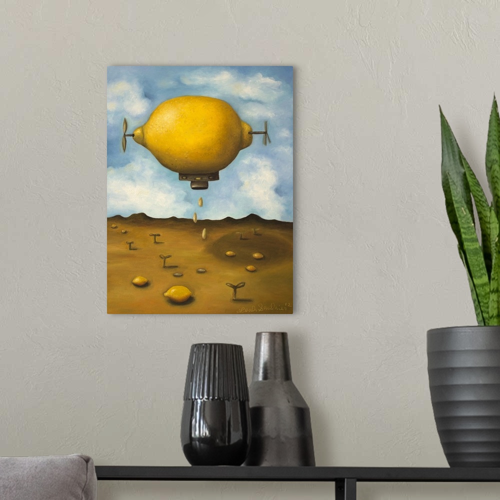 A modern room featuring Surrealist painting of a lemon zeppelin above a desert landscape.