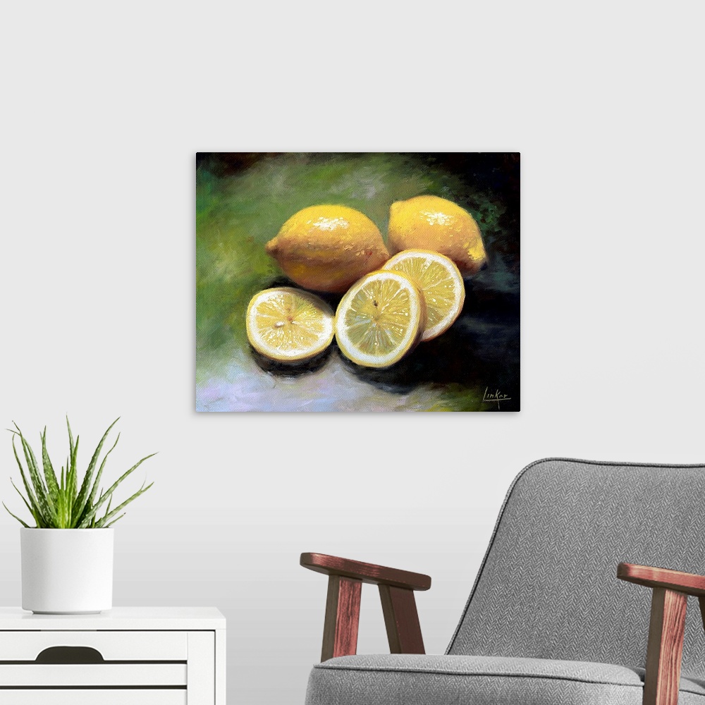 A modern room featuring Painting of lemons, sliced and whole, on a green background.