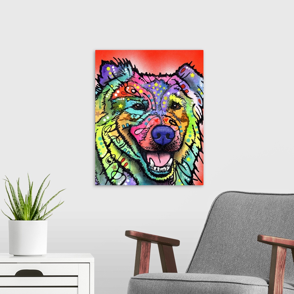 A modern room featuring Colorful painting of a happy dog in every color of the rainbow with graffiti like designs and a r...