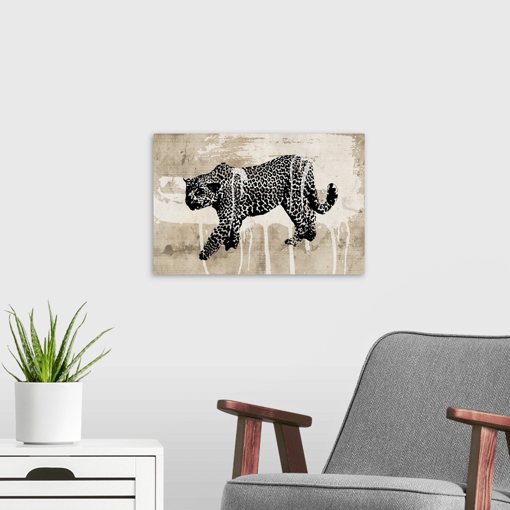 A modern room featuring A contemporary painting of a black and white leopard against an abstract background.