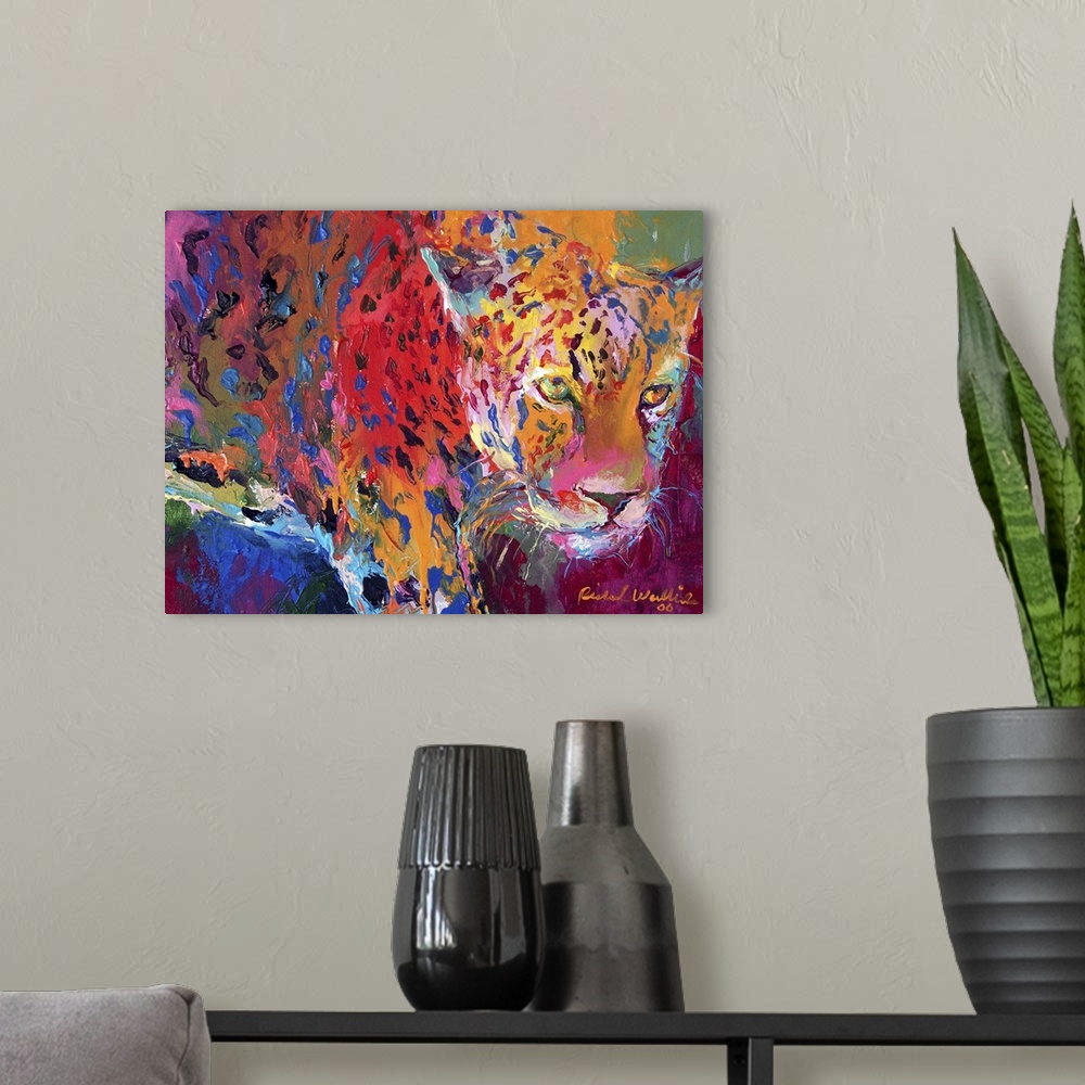 A modern room featuring Contemporary vibrant colorful painting of a leopard.