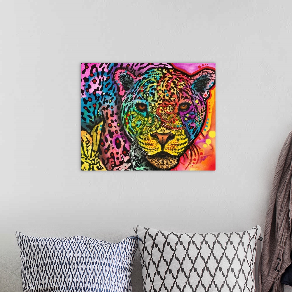 A bohemian room featuring Close-up illustration of a Leopard with different colors and abstract markings all over.