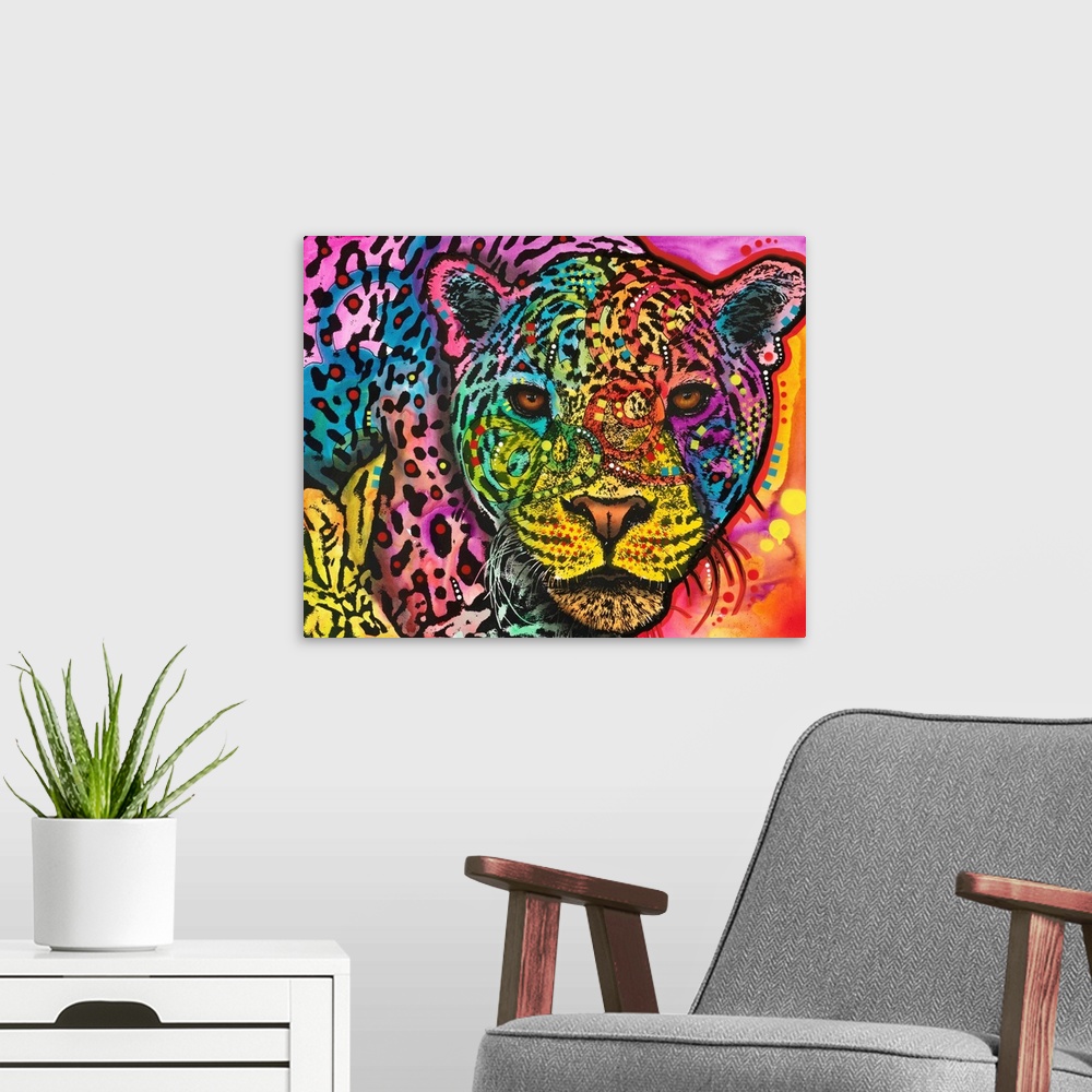 A modern room featuring Close-up illustration of a Leopard with different colors and abstract markings all over.