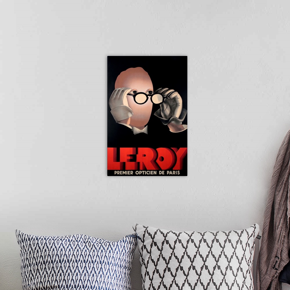 A bohemian room featuring Vintage poster advertisement for Leroy Optical.