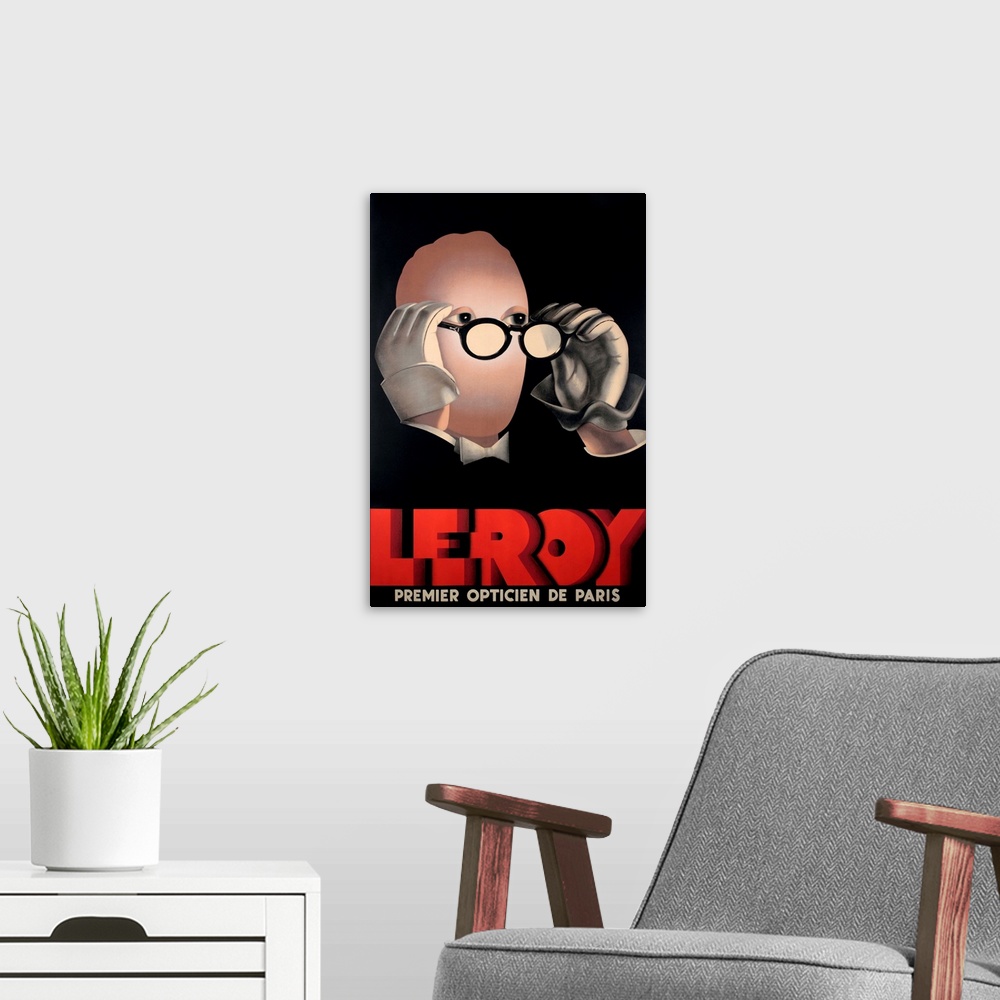 A modern room featuring Vintage poster advertisement for Leroy Optical.