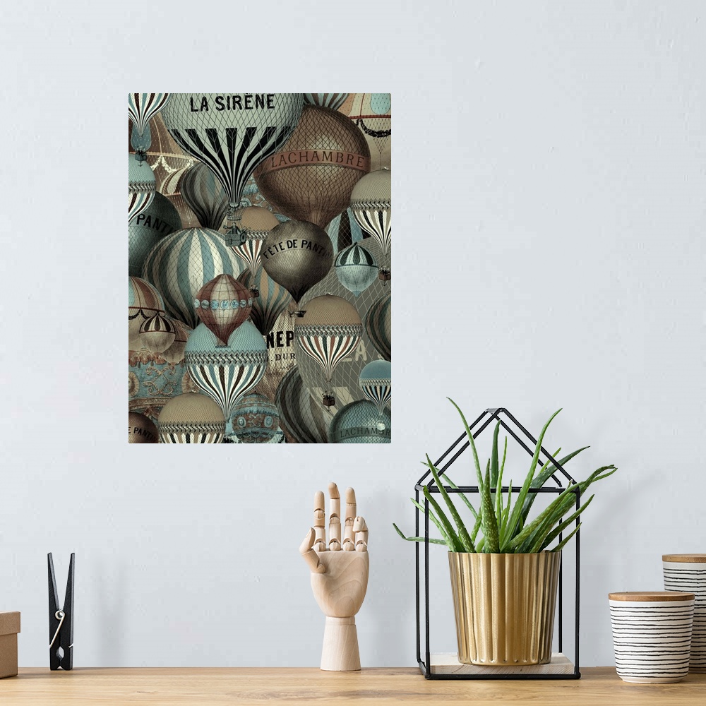 A bohemian room featuring Artwork of vintage hot air balloons.