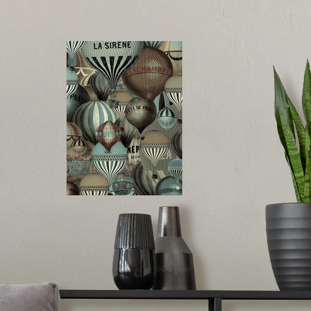 A modern room featuring Artwork of vintage hot air balloons.