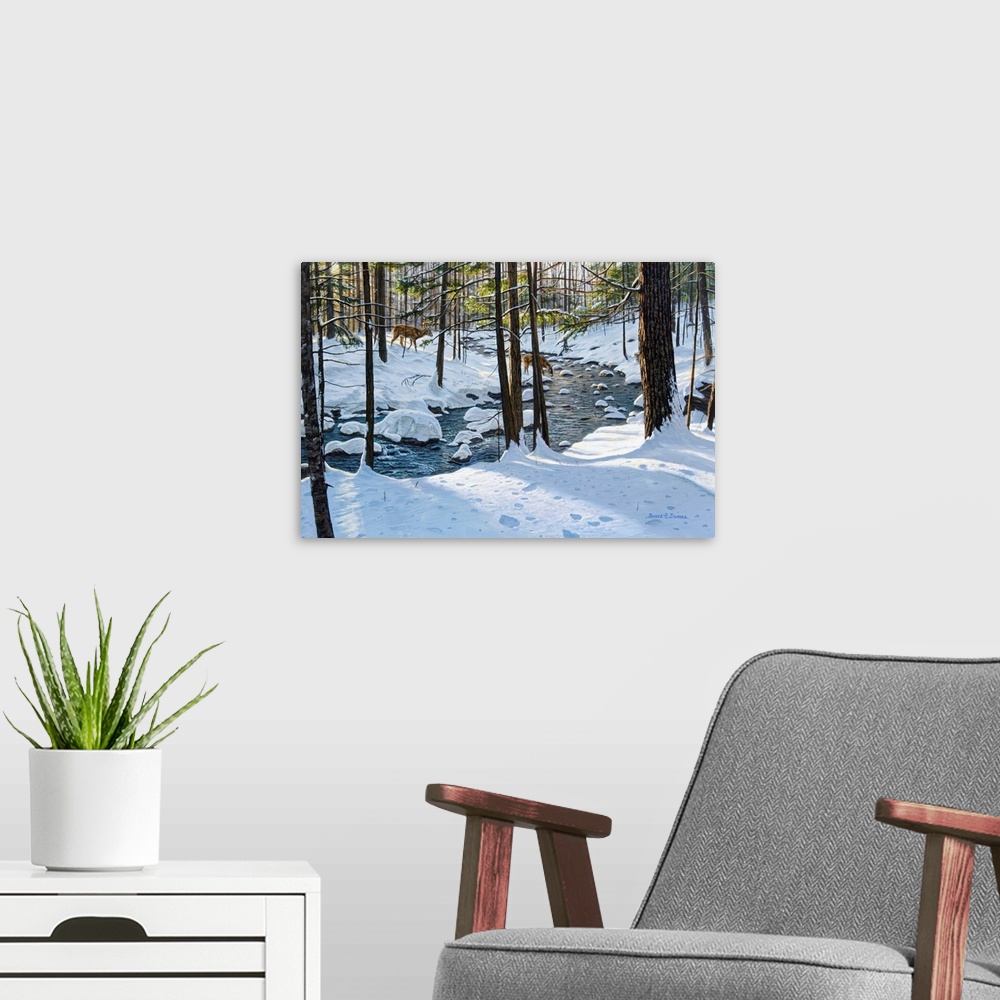 A modern room featuring Contemporary artwork of deer heading towards a stream in a forest.
