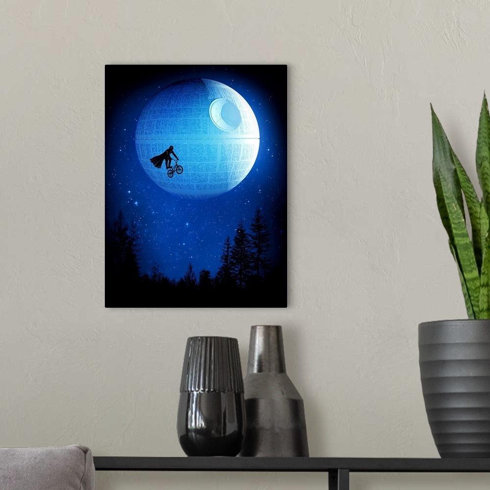 A modern room featuring Pop art of Darth Vader on a bicycle in the sky in front of the Death Star.