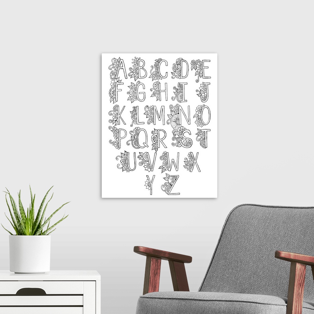 A modern room featuring Black and white line art of the alphabet with each letter decorated with a floral design on its l...