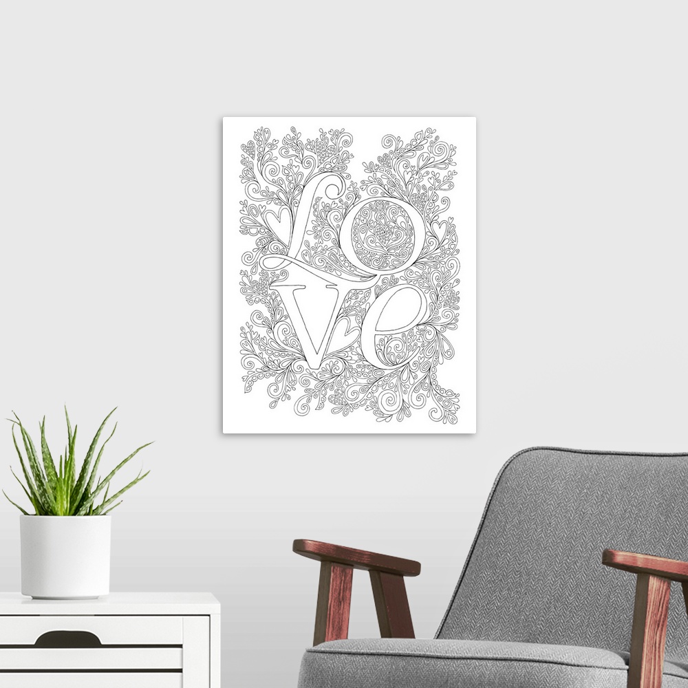 A modern room featuring Black and white line art of the word "Love" written on an intricately designed background.