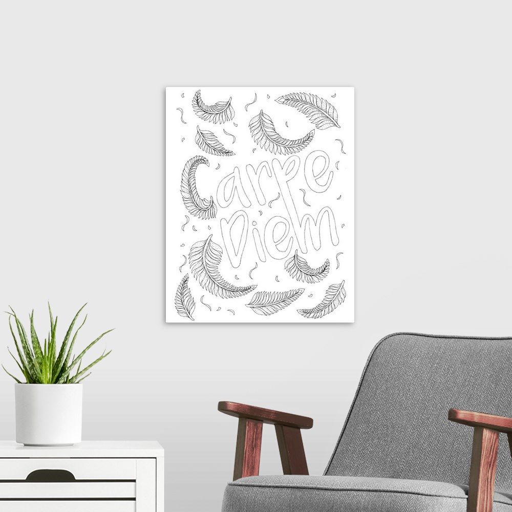 A modern room featuring Black and white line art with the phrase "Carpe Diem" surrounded by feathers.
