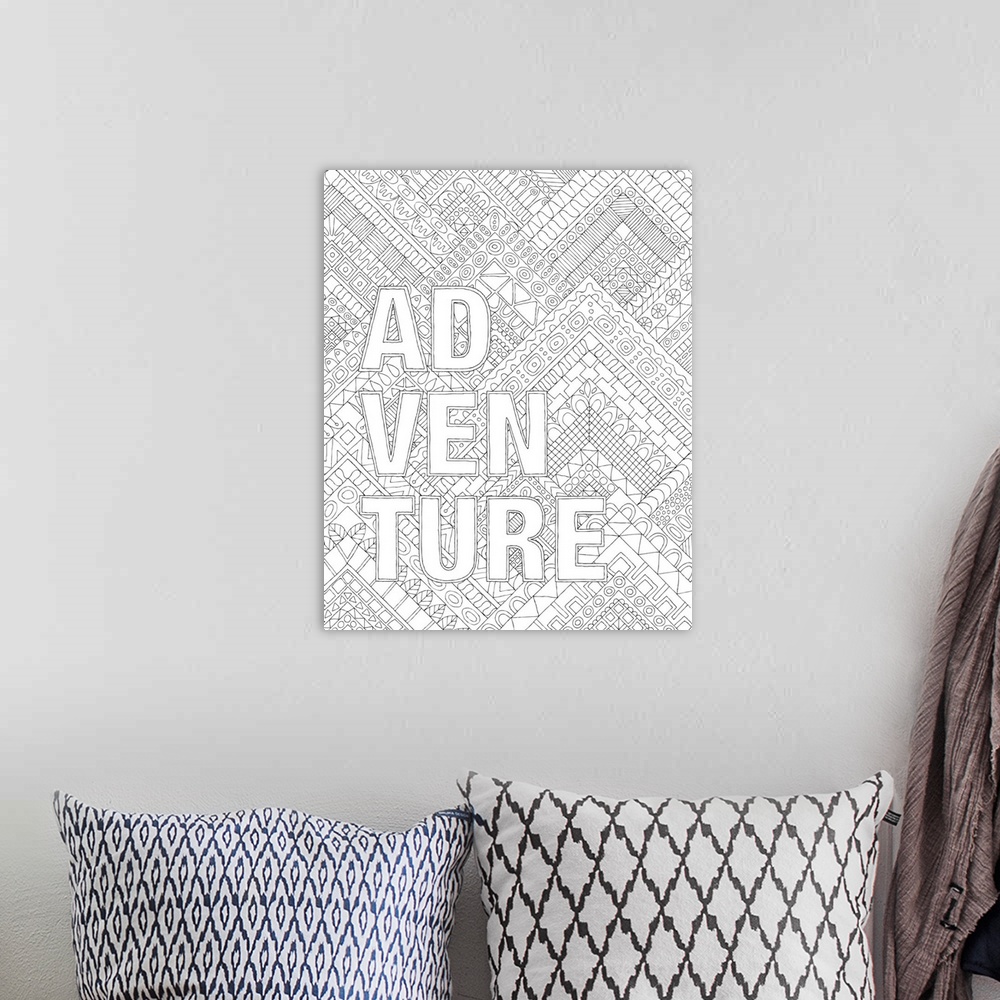 A bohemian room featuring Black and white line art with the word "Adventure" broken up into three lines on an intricately d...