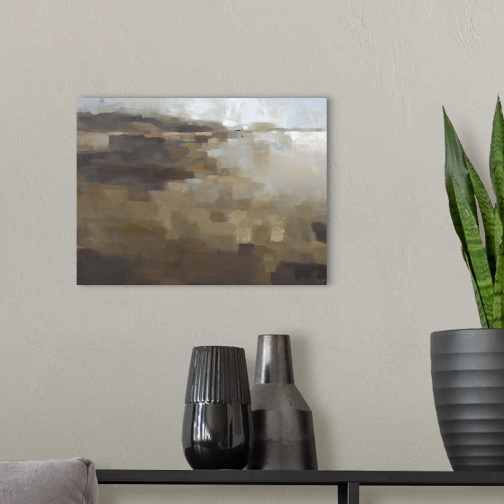 A modern room featuring Contemporary abstract painting in neutral, earthy colors.