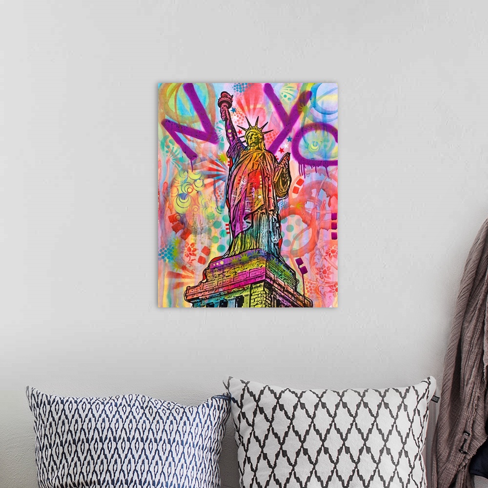A bohemian room featuring Graffiti style painting of the Statue of Liberty with "NYC" spray painted across the top in purpl...