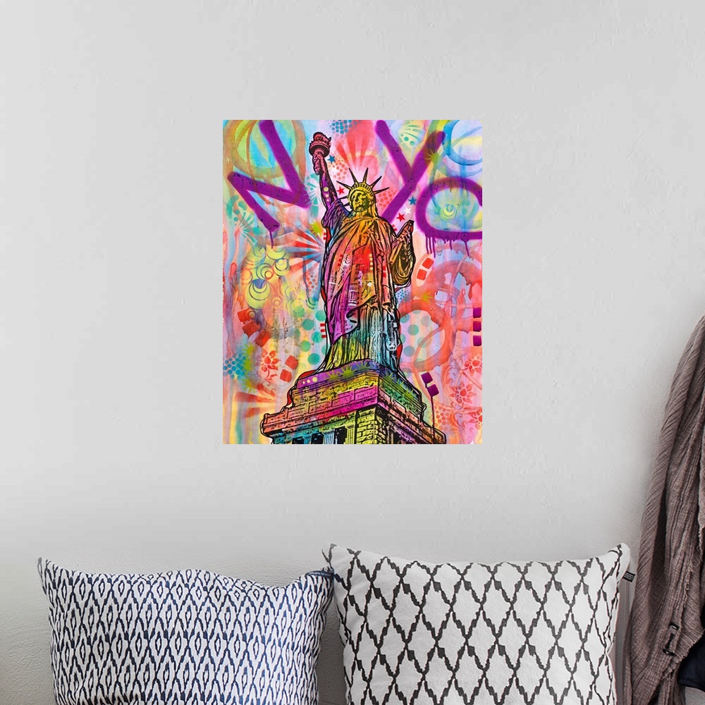 A bohemian room featuring Graffiti style painting of the Statue of Liberty with "NYC" spray painted across the top in purpl...
