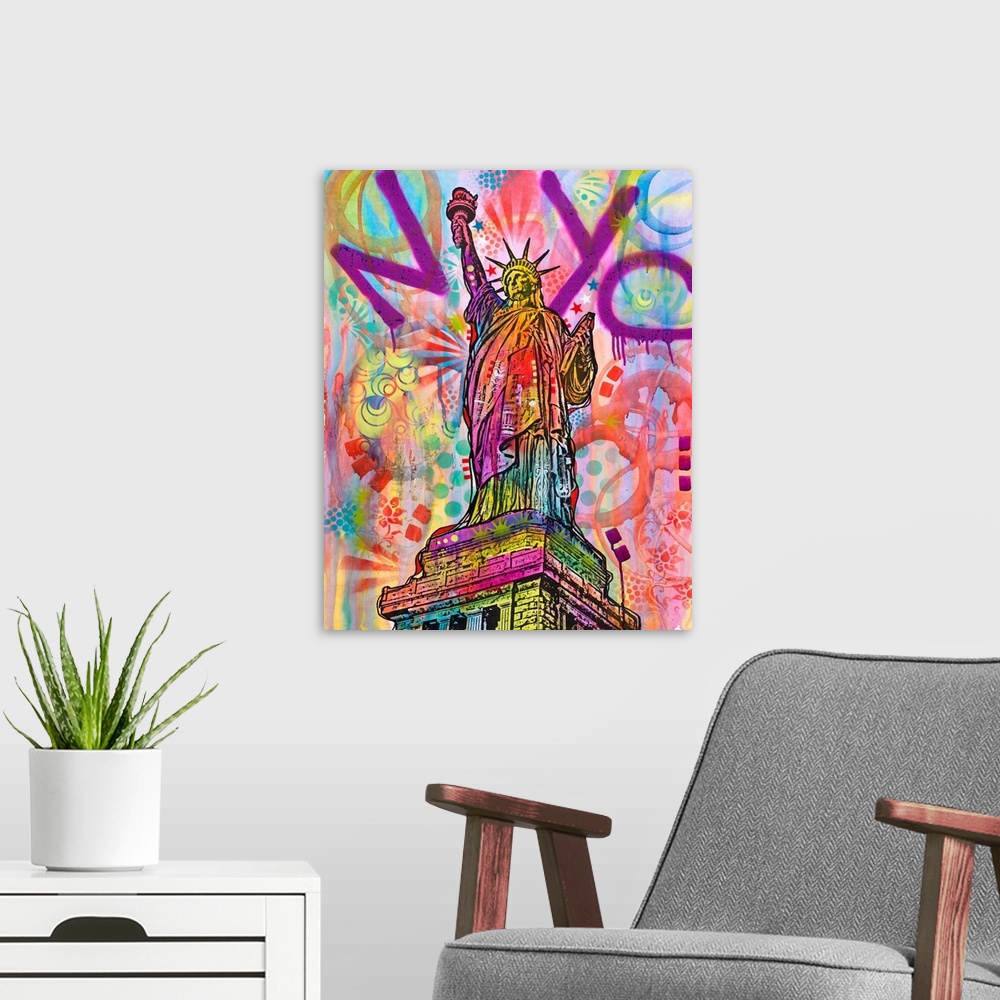 A modern room featuring Graffiti style painting of the Statue of Liberty with "NYC" spray painted across the top in purpl...