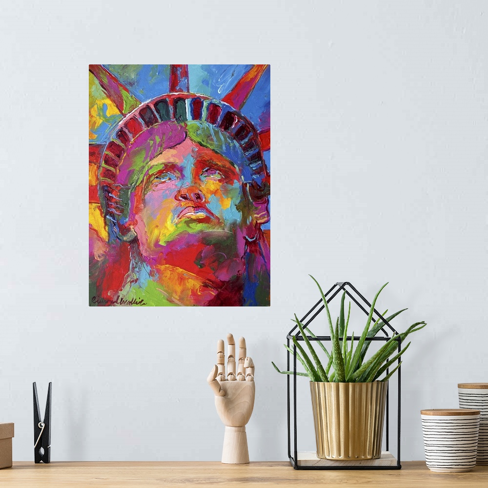 A bohemian room featuring Contemporary vibrant colorful painting of the statue of liberty's head.