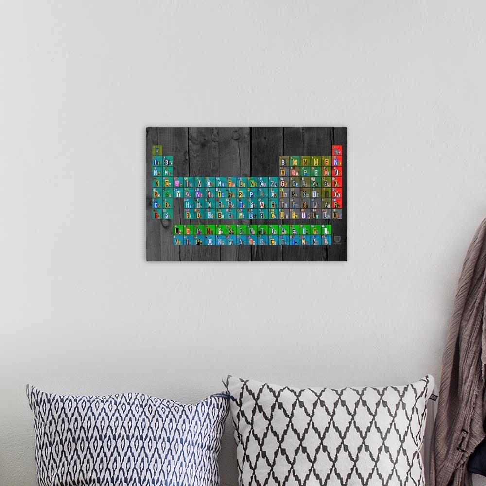 A bohemian room featuring License Plate Periodic Table