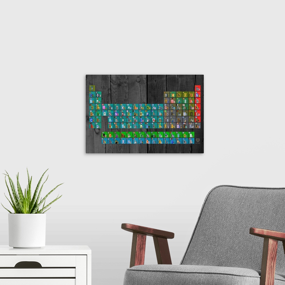 A modern room featuring License Plate Periodic Table