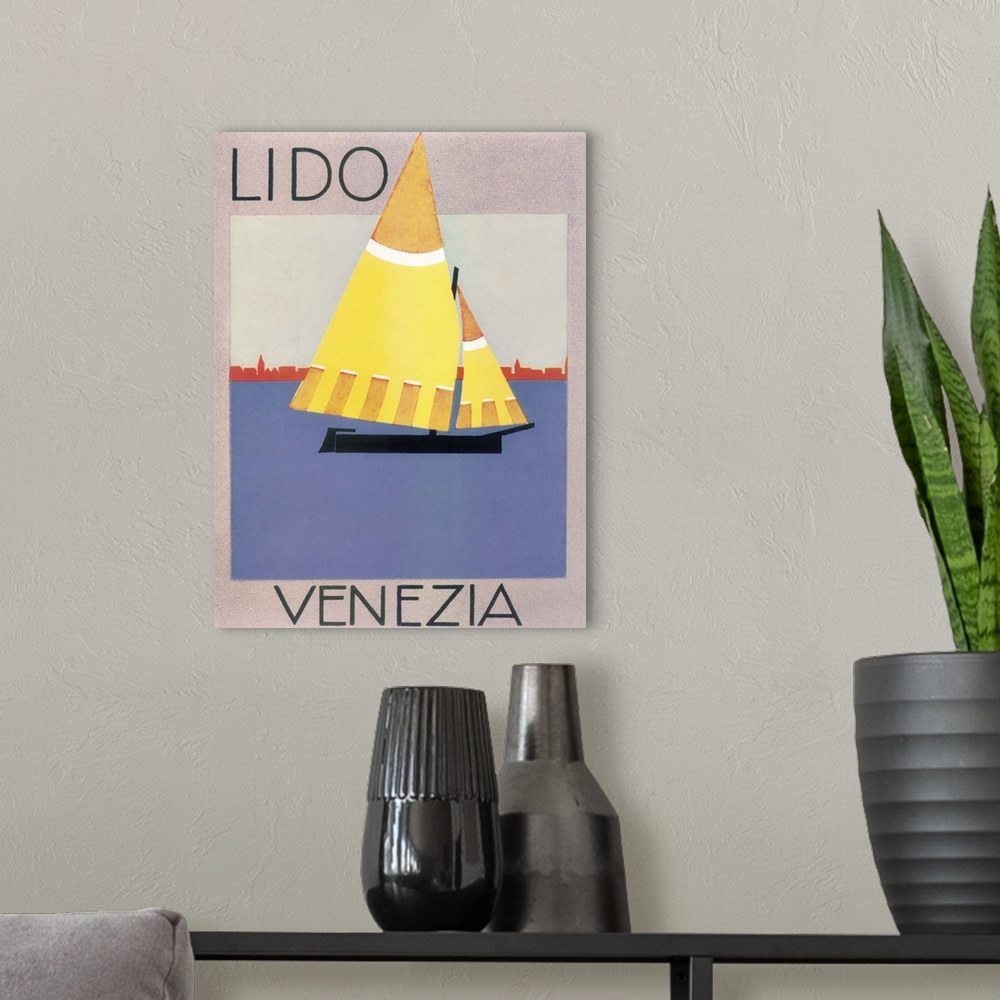 A modern room featuring Vintage poster advertisement for Lido, Venezia.