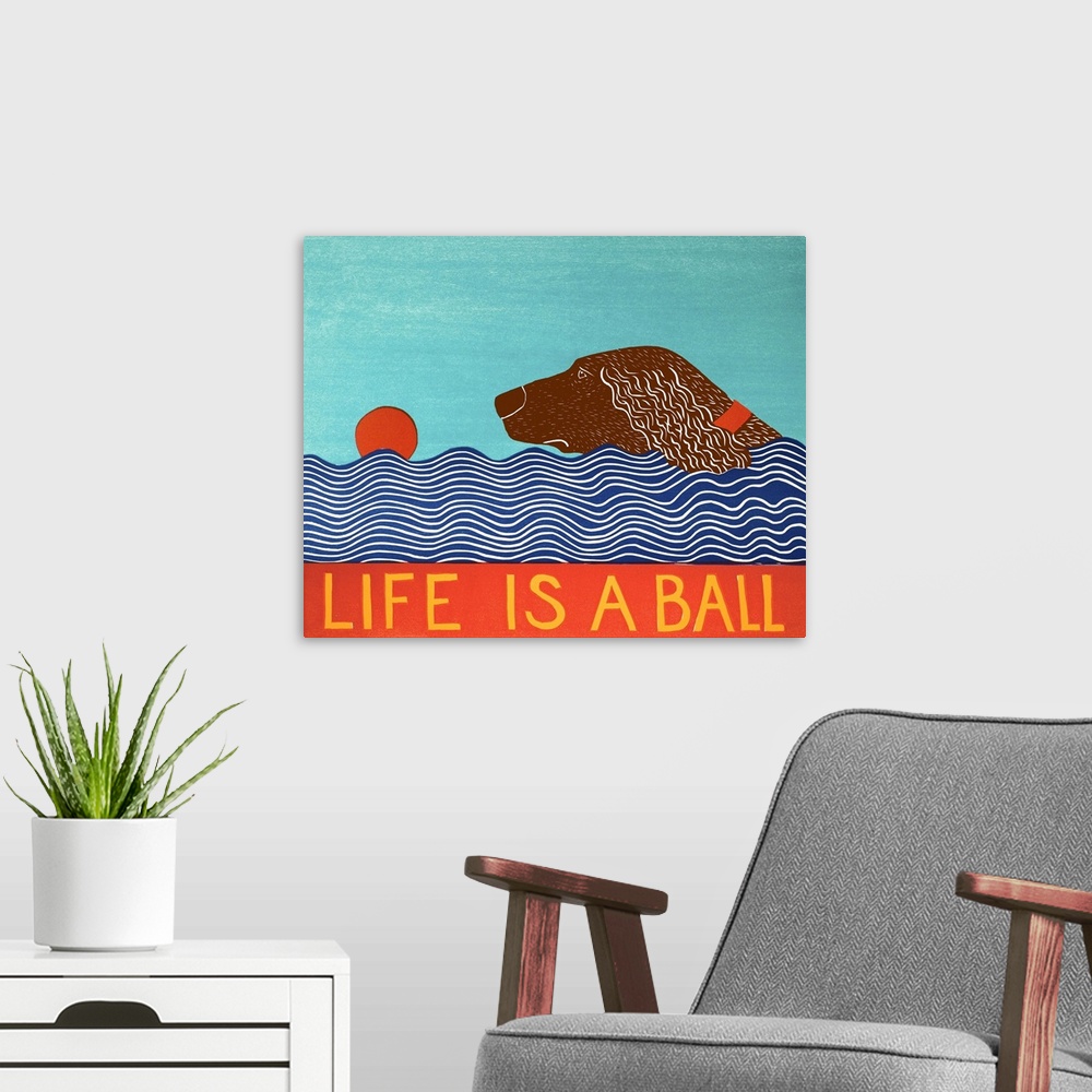 A modern room featuring Illustration of a brown dog swimming to fetch a red ball in the water with the phrase "Life is a ...