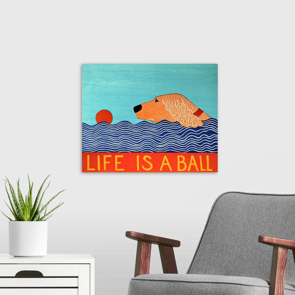 A modern room featuring Illustration of a golden retriever swimming to fetch a red ball in the water with the phrase "Lif...