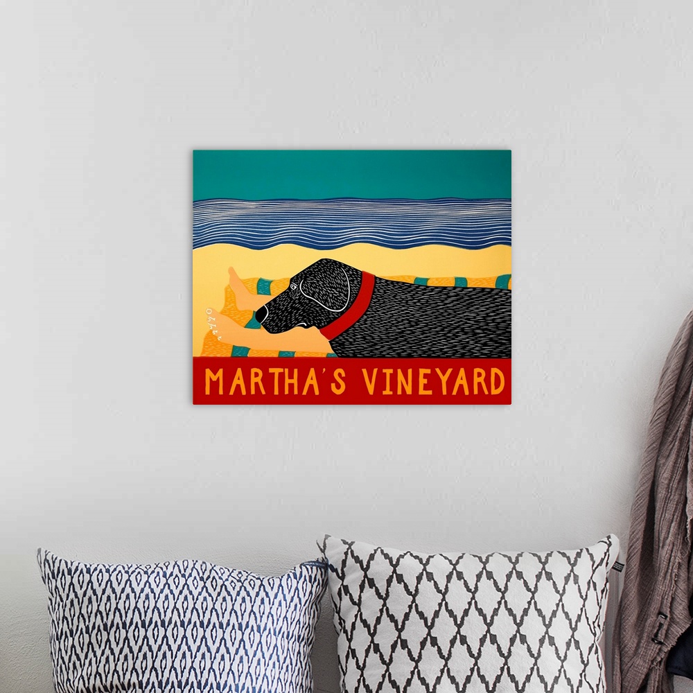 A bohemian room featuring Illustration of a black lab laying next to its owner on the beach at Martha's Vineyard.