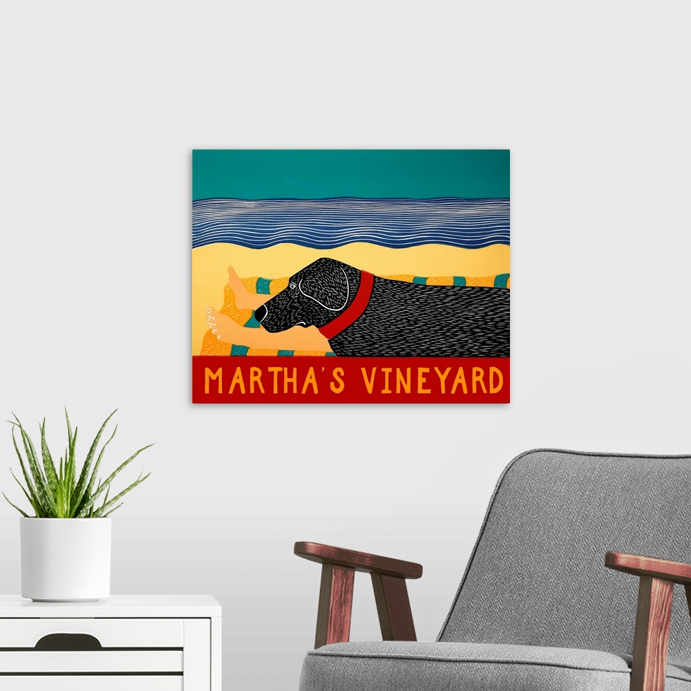 A modern room featuring Illustration of a black lab laying next to its owner on the beach at Martha's Vineyard.