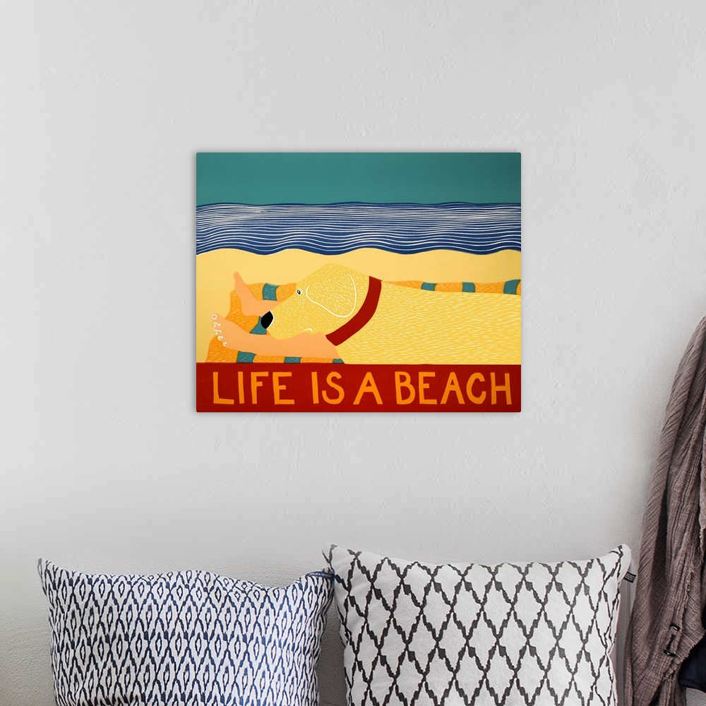 A bohemian room featuring Illustration of a yellow lab laying next to its owner on the beach with the phrase "Life is a Bea...