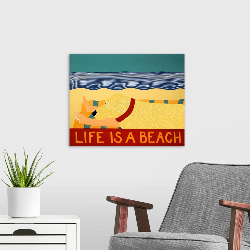 A modern room featuring Illustration of a yellow lab laying next to its owner on the beach with the phrase "Life is a Bea...