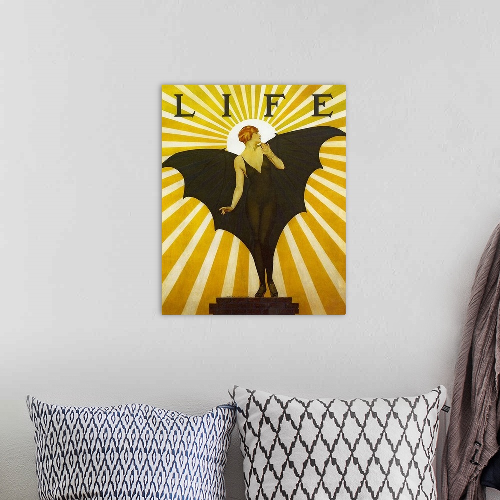 A bohemian room featuring Vintage poster advertisement for Life Magazine Cover Bat Girl Yellow.