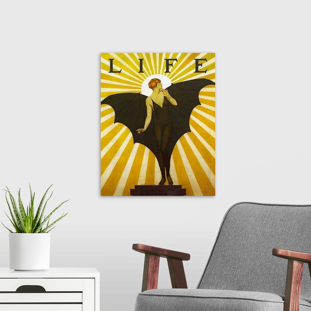 A modern room featuring Vintage poster advertisement for Life Magazine Cover Bat Girl Yellow.