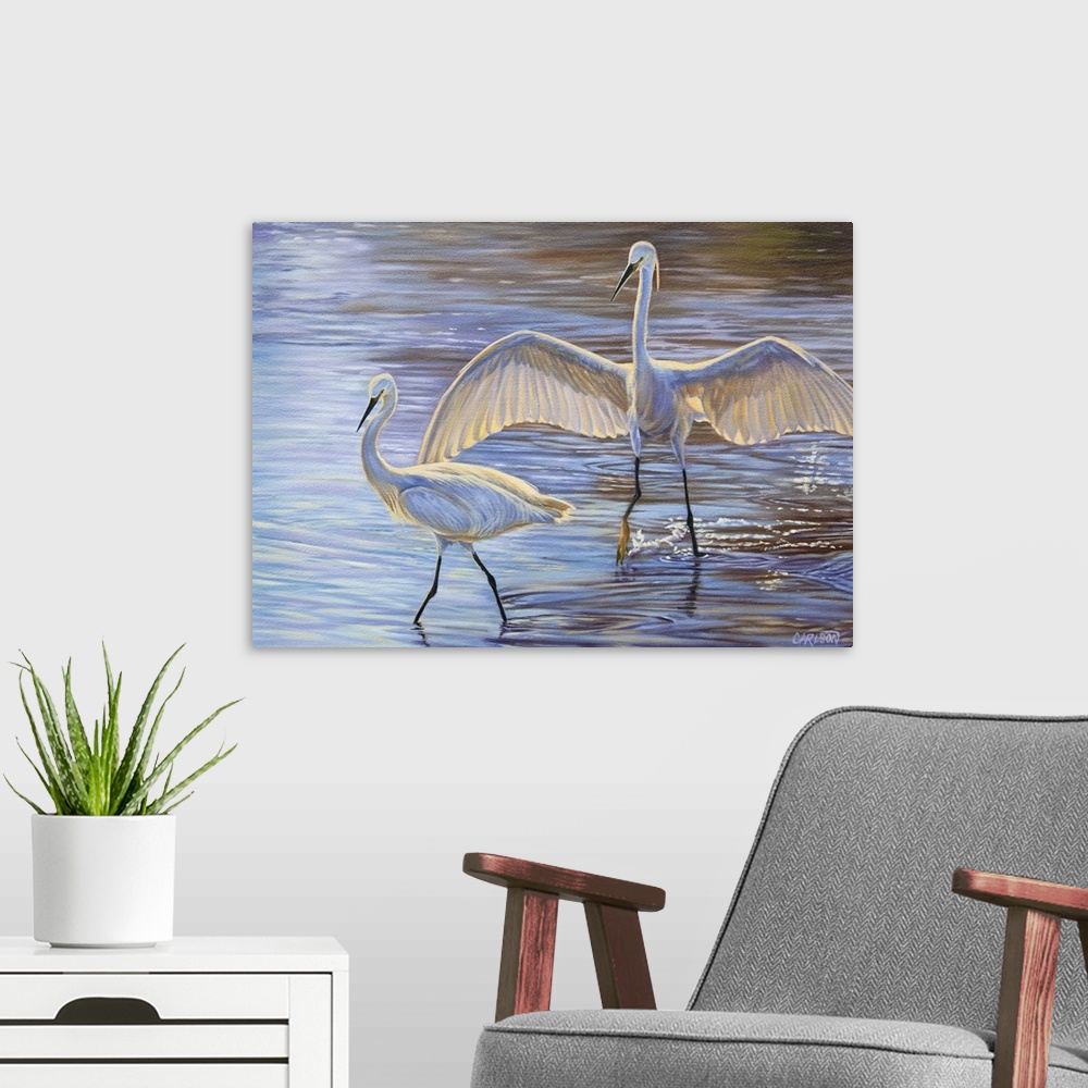 A modern room featuring Cranes on the water.