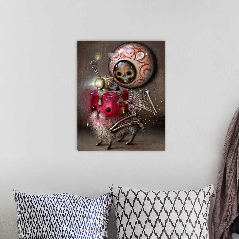 A bohemian room featuring Surrealist painting of a human skeleton wearing a large colorful round helmet, riding a creature ...