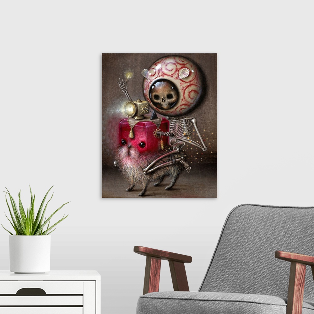 A modern room featuring Surrealist painting of a human skeleton wearing a large colorful round helmet, riding a creature ...