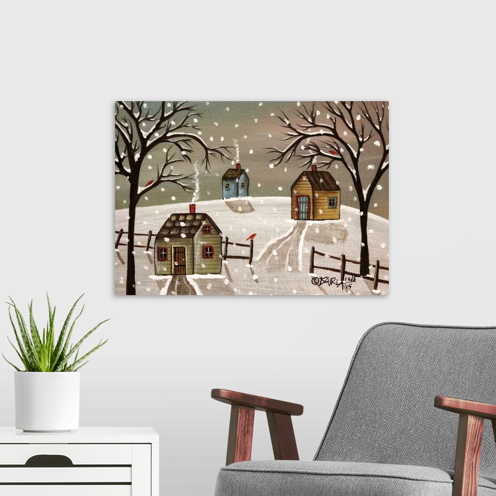 A modern room featuring Contemporary folk art painting of a house on a countryside landscape.