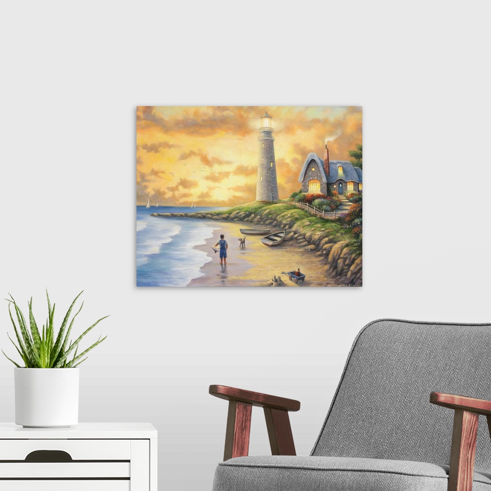 A modern room featuring A boy and his dog flying a kite on the beach near a lighthouse.